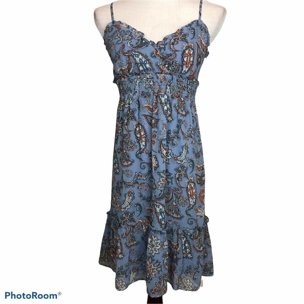 Esprit Blue Orange Paisley Summer Dress Ruffle Trim Spaghetti Straps US 6 NWT